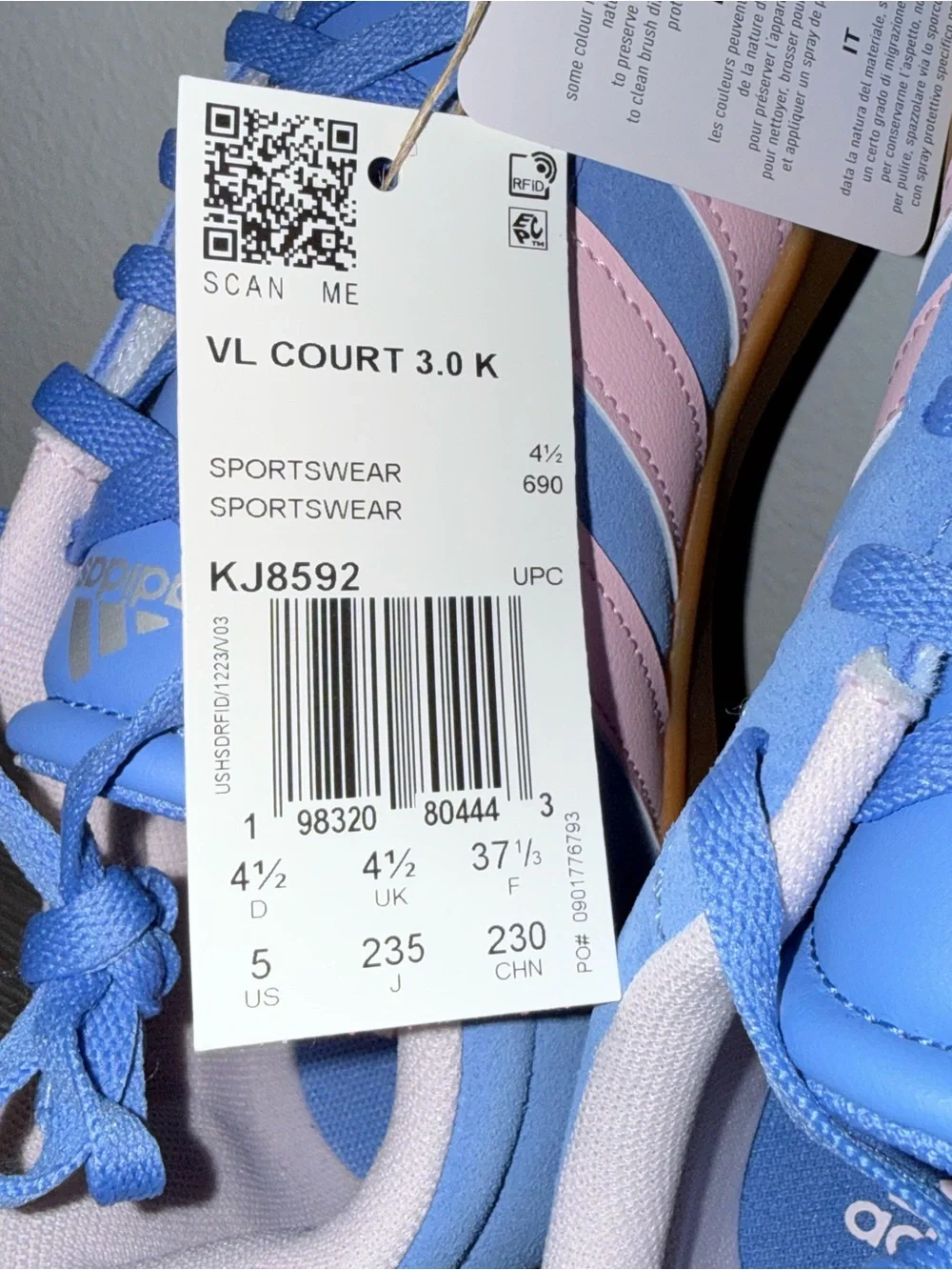 adidas VL Court 3.0 Blue Suede Sneakers w/ Pink Stripes & Gum Sole, Size 5Y NWT